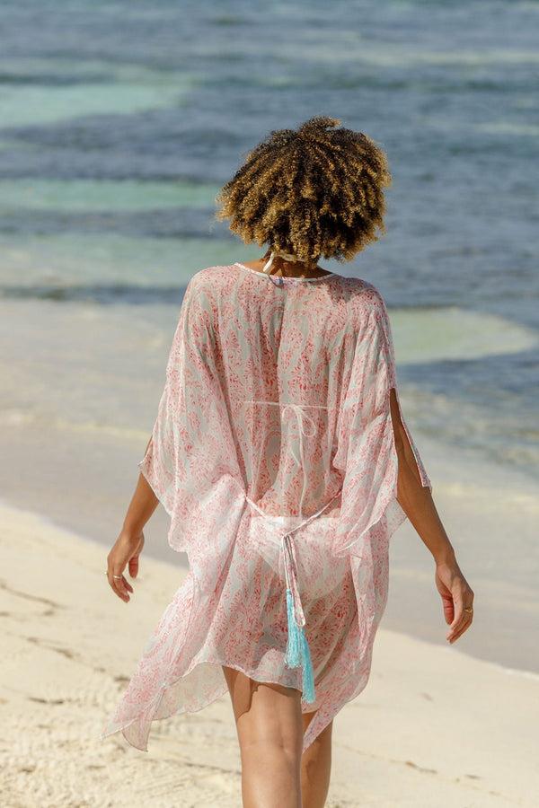 pink house mustique Silk Chiffon Cosima Kaftan SEAHORSE