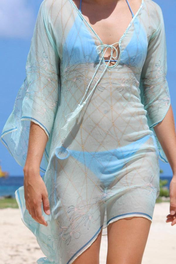 pink house mustique Silk Chiffon Cosima Kaftan SPIDER LILY