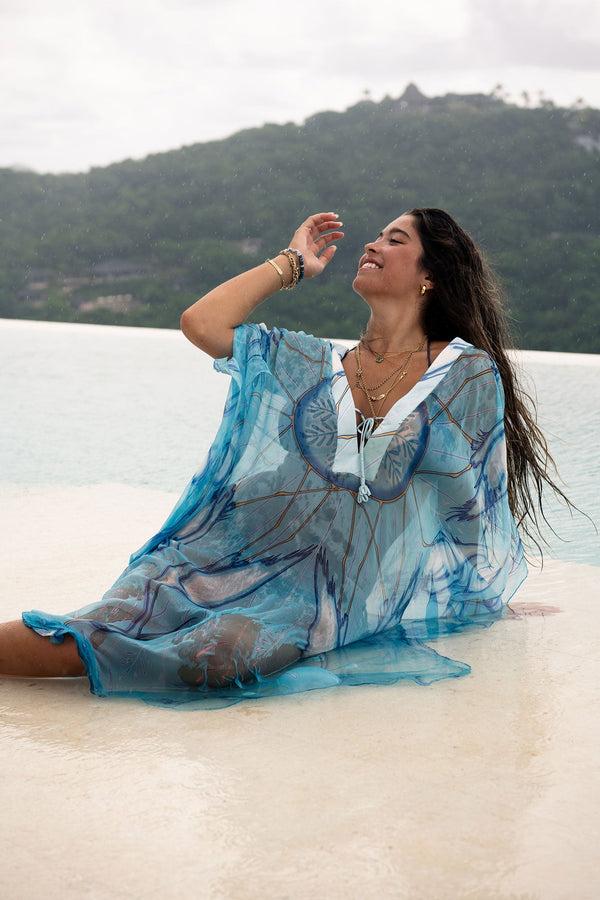 pink house mustique Silk Chiffon Ellie Kaftan EGRET