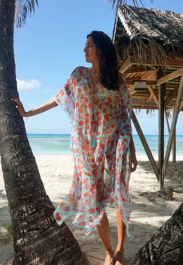 Pink House Mustique Silk Chiffon Ellie Kaftan FLAMBOYANT FLOWER