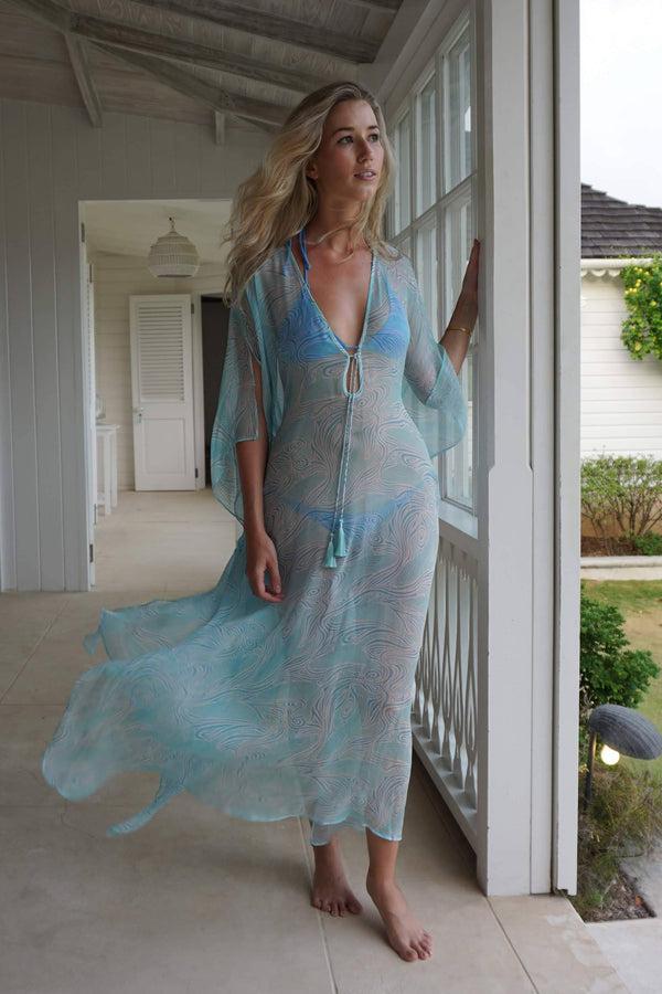 Pink House Mustique Silk Chiffon Ellie Kaftan WHALE