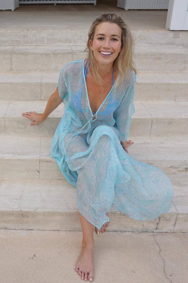 pink house mustique Silk Chiffon Ellie Kaftan WHALE