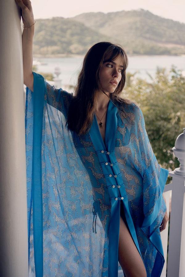 pink house mustique Silk Chiffon Long Jade Poncho LURCHER