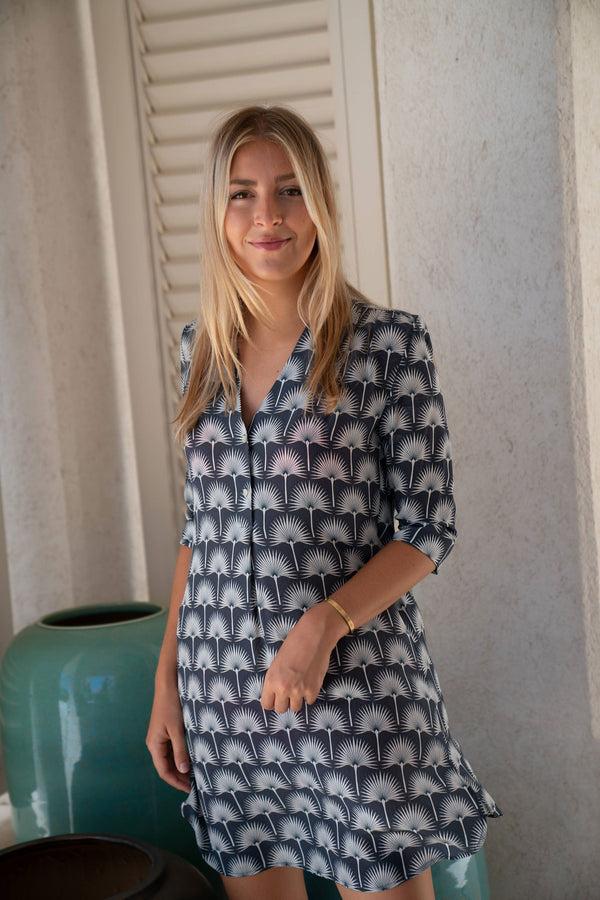 Pink House Mustique Silk Decima Dress SINGLE PALM REPEAT