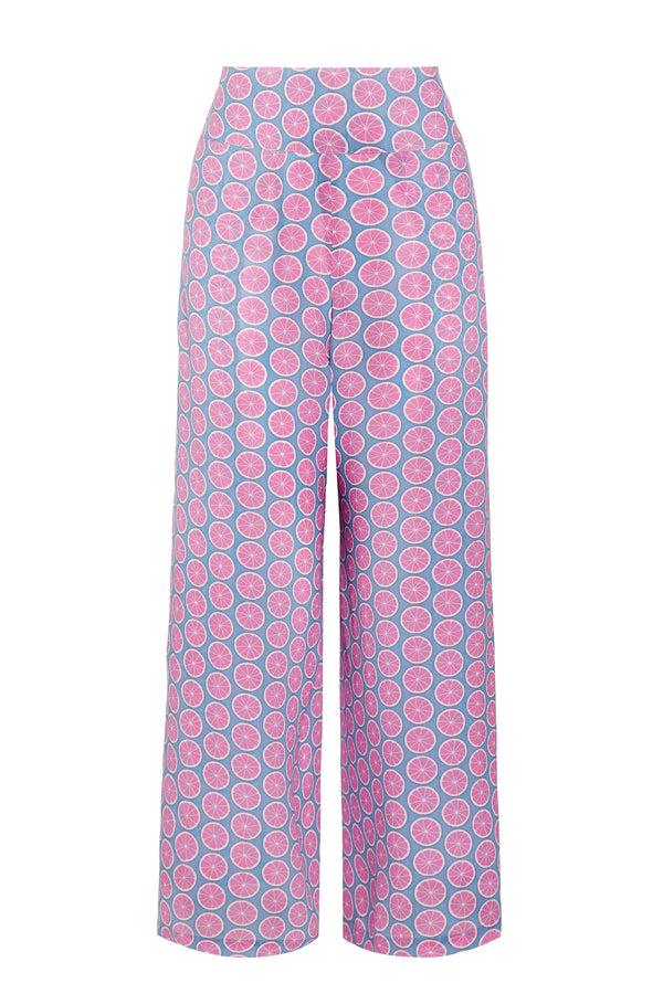 Pink House Mustique Silk Gabija Palazzo Pants: LIME SLICE - BLUE / PINK