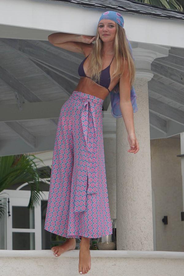 Pink House Mustique Silk Gabija Palazzo Pants: LIME SLICE - BLUE / PINK