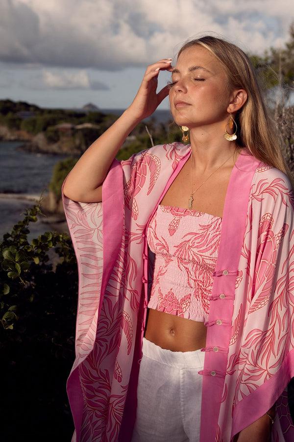 pink house mustique Silk Jade Poncho TURTLE TRELLIS
