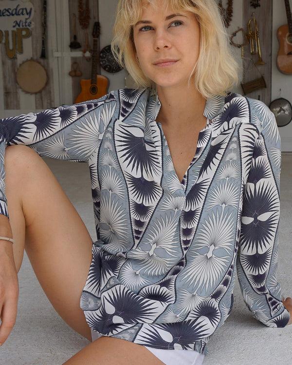 pink house mustique Silk Kim Blouse FAN PALM REPEAT