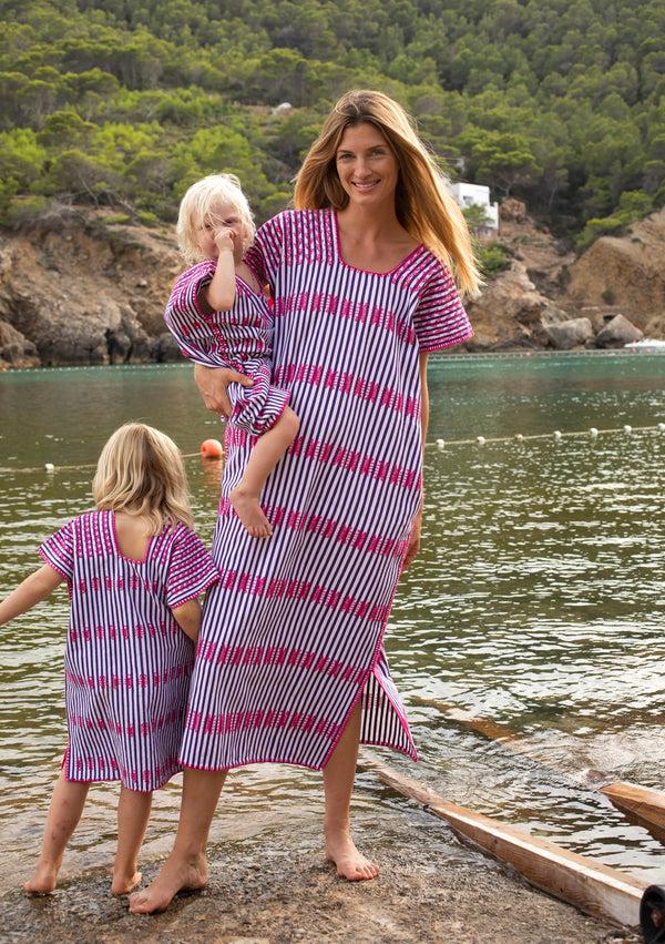 pippa holt Children's Kaftan No.17 Single panel children's kaftan in purple and white stripe with hot pink design