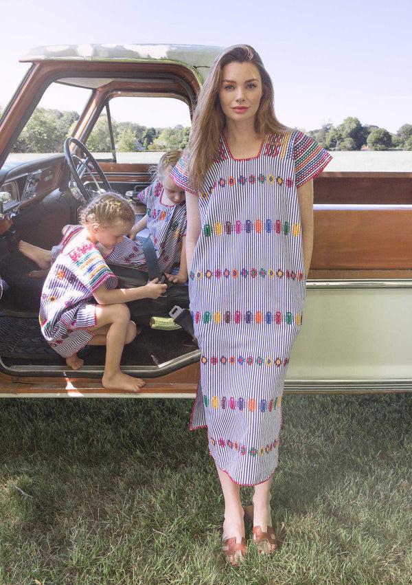 pippa holt Children's Kaftan No.73 Single panel childrens kaftan in purple/white stripe with multi coloured design