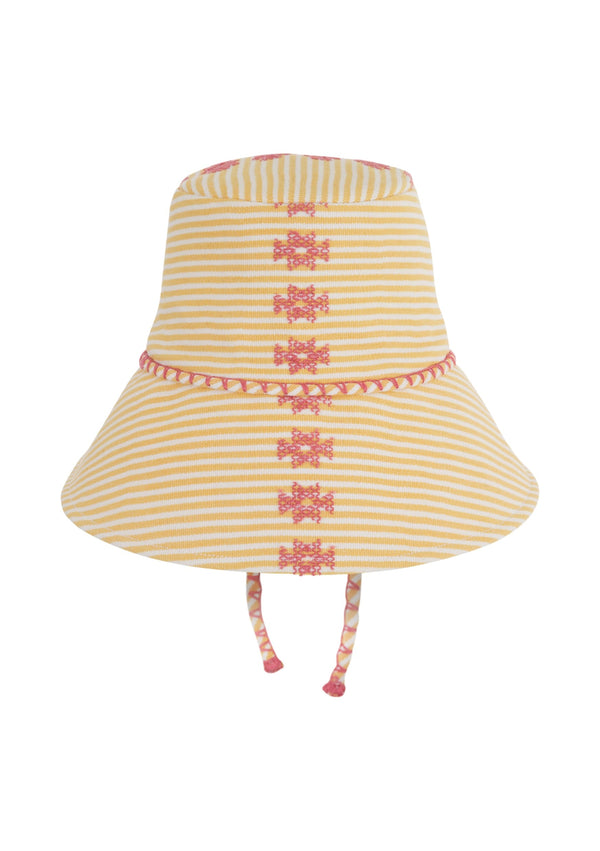 pippa holt Hat No.166 Hat in banana yellow and white stripes with pink motifs