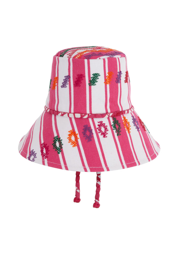 pippa holt Hat No.57 Hat in pink and white stripe with multi-coloured design