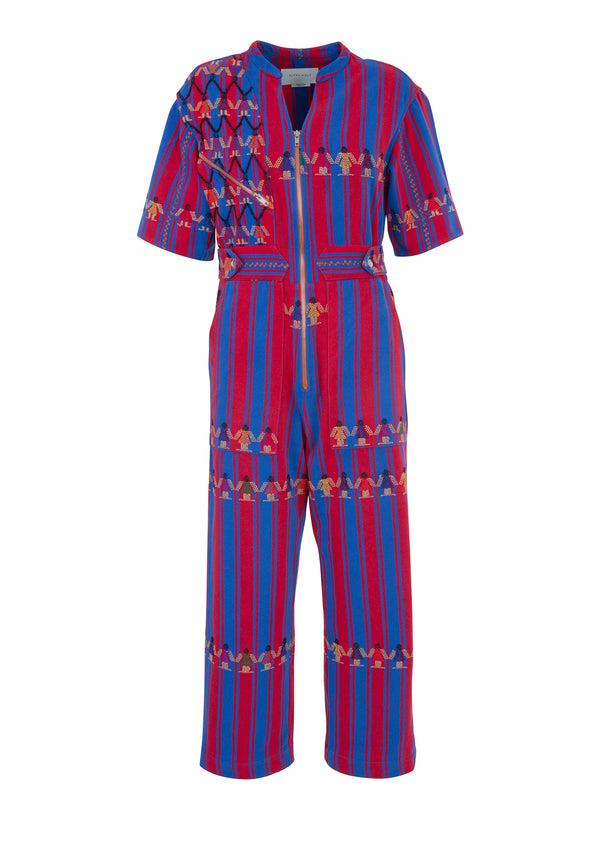 Pippa Holt Jumpsuit No.132 Blue And Dark Red Stripe Jumpsuit With Mustard Design