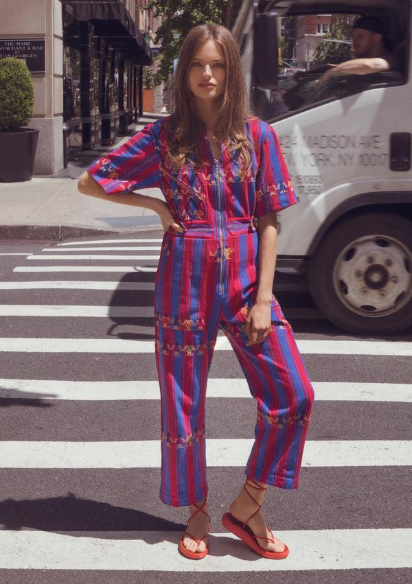 pippa holt Jumpsuit No.132 Blue and dark red stripe jumpsuit with mustard design