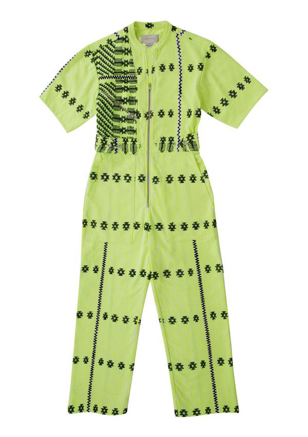 pippa holt Jumpsuit No.262 Neon yellow and white stripe jumpsuit with black design