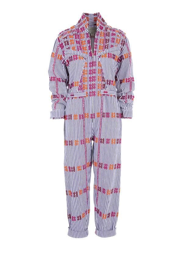 Pippa Holt Jumpsuit No.38 (long Sleeve) Purple And White Striped Jumpsuit With Multi-coloured Motif