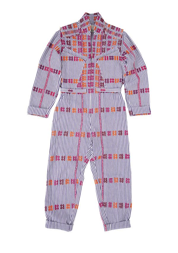 Pippa Holt Jumpsuit No.38 (long Sleeve) Purple And White Striped Jumpsuit With Multi-coloured Motif