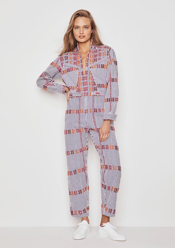 pippa holt Jumpsuit No.38 (long sleeve) Purple and white striped jumpsuit with multi-coloured motif