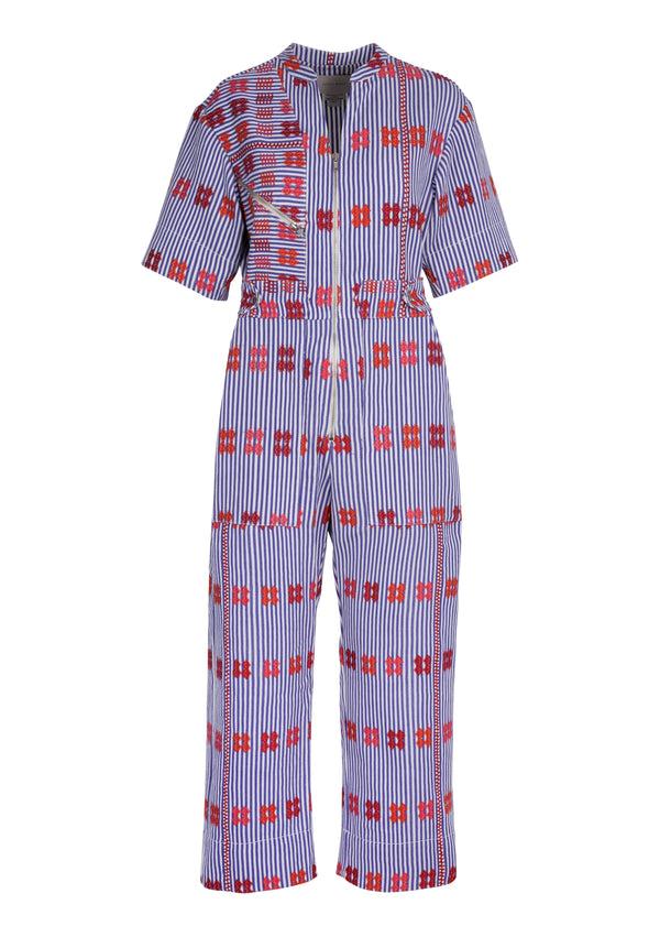 Pippa Holt Jumpsuit No.38 (short Sleeve) Purple And White Striped Jumpsuit With Multi-coloured Motif