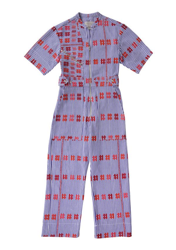 pippa holt Jumpsuit No.38 (short sleeve) Purple and white striped jumpsuit with multi-coloured motif