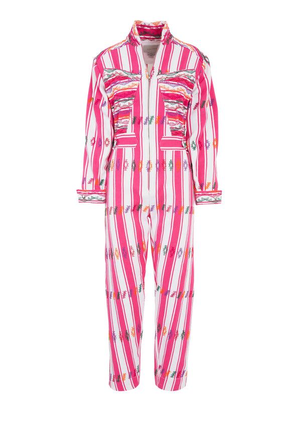 Pippa Holt Jumpsuit No.57 Pink And White Stripe Jumpsuit With Multi-coloured Motif