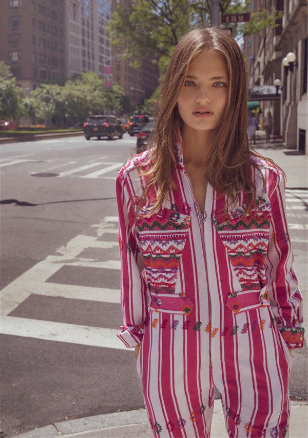 Pippa Holt Jumpsuit No.57 Pink And White Stripe Jumpsuit With Multi-coloured Motif