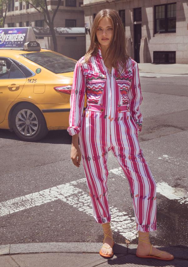 pippa holt Jumpsuit No.57 Pink and white stripe jumpsuit with multi-coloured motif