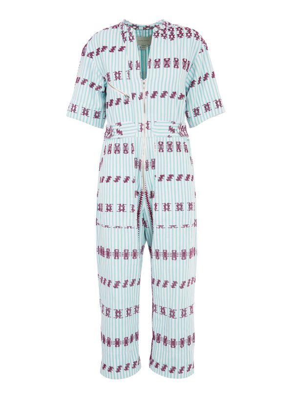 Pippa Holt Jumpsuit No.65 Mint And White Striped Jumpsuit With Burgundy Motif