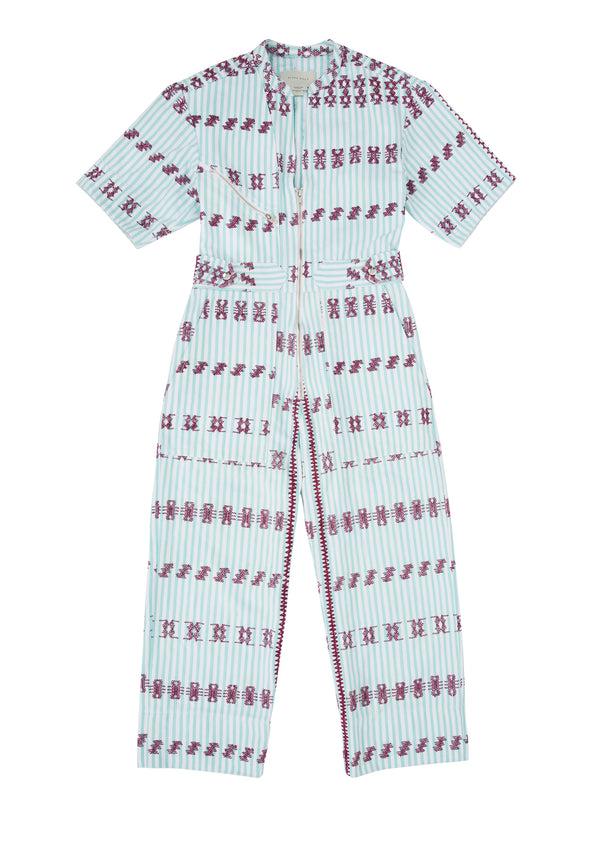 Pippa Holt Jumpsuit No.65 Mint And White Striped Jumpsuit With Burgundy Motif