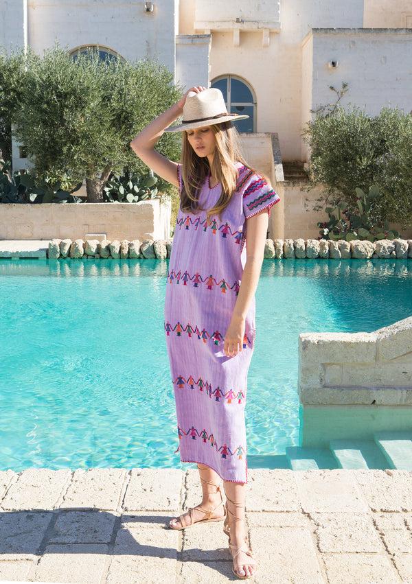 pippa holt Kaftan No.10 Single panel midi kaftan in lilac with multicoloured 'people' design
