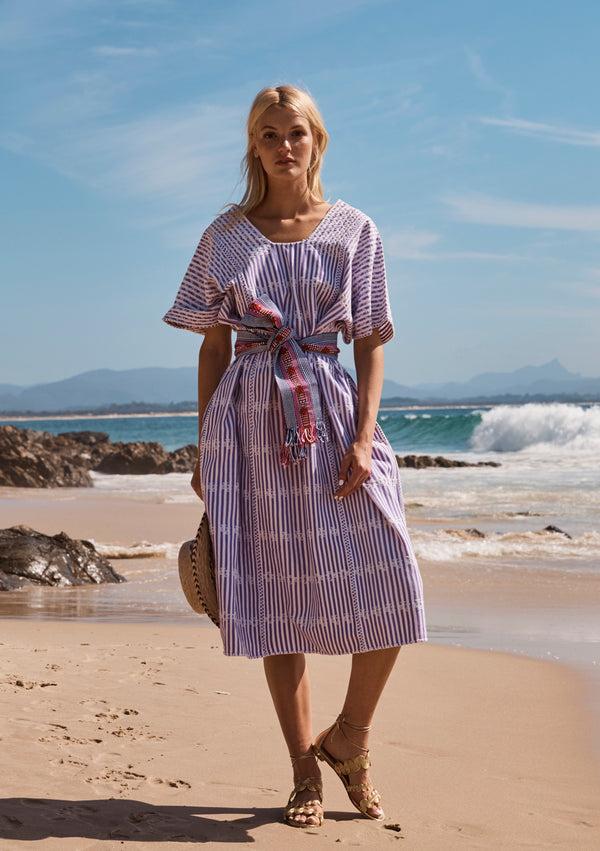 pippa holt Kaftan No.102 Three panel midi kaftan in white and purple stripe with mauve design