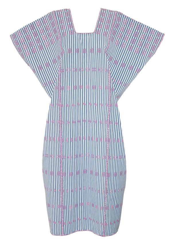 Pippa Holt Kaftan No.103 Three Panel Midi Kaftan In White And Pale Blue Stripe With 'musk' Pink Design