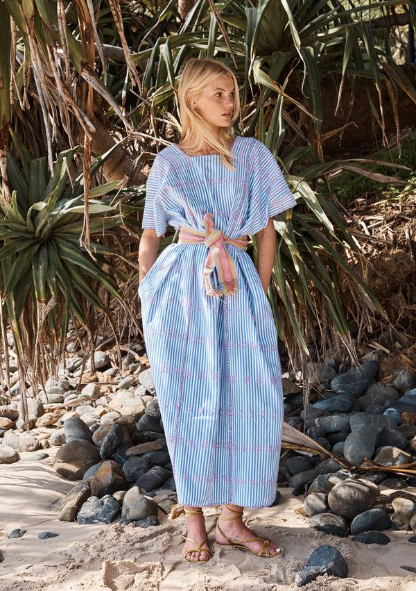 pippa holt Kaftan No.103 Three panel midi kaftan in white and pale blue stripe with 'musk' pink design