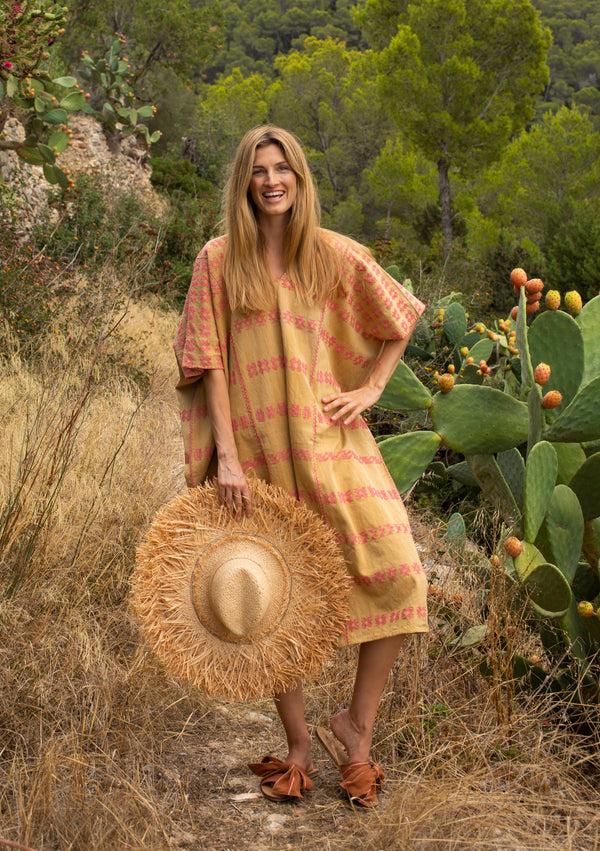 pippa holt Kaftan No.105 Three panel midi kaftan in ochre with watermelon pink design