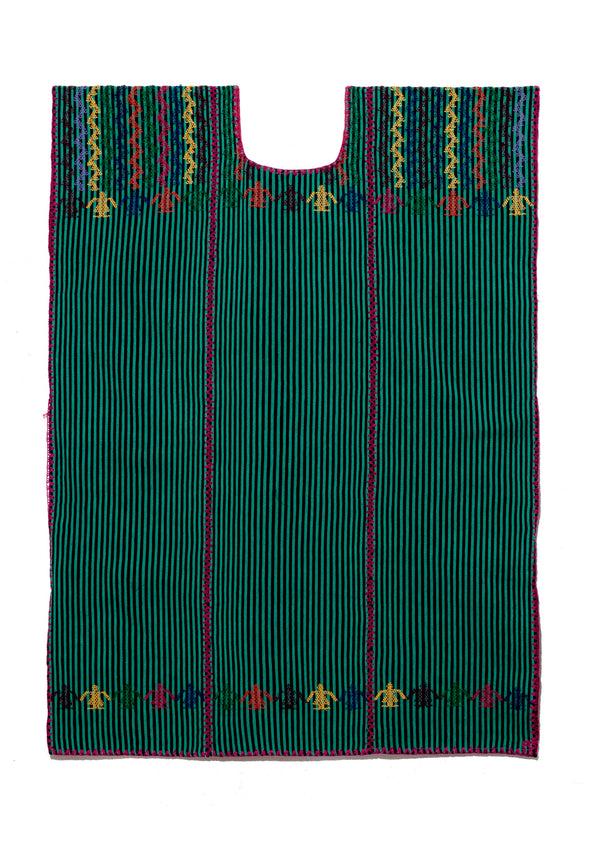 Pippa Holt Kaftan No.108 Three Panel Mini Kaftan In Green And Black Stripe With Multi Coloured Design