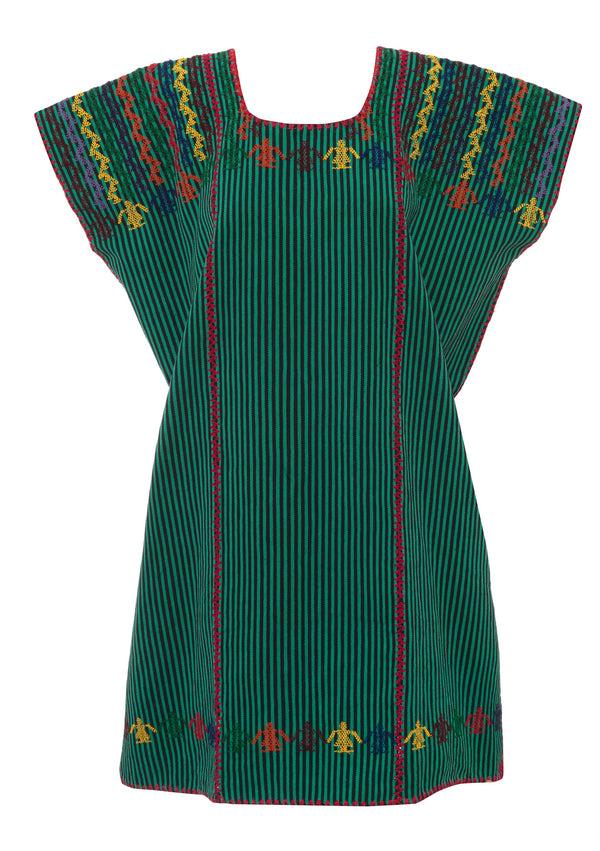 Pippa Holt Kaftan No.108 Three Panel Mini Kaftan In Green And Black Stripe With Multi Coloured Design