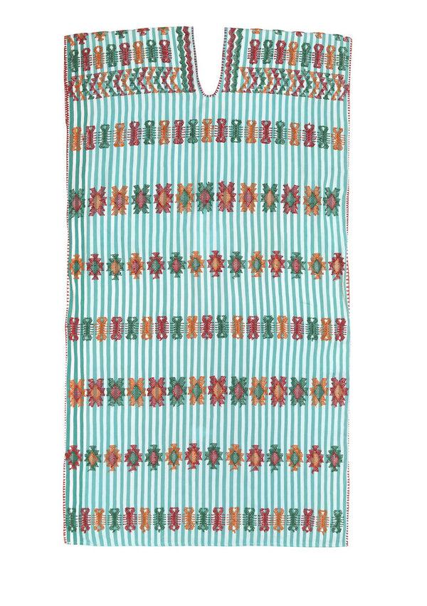 Pippa Holt Kaftan No.11 Single Panel Midi Kaftan In White/aqua Stripe With Multicoloured Design