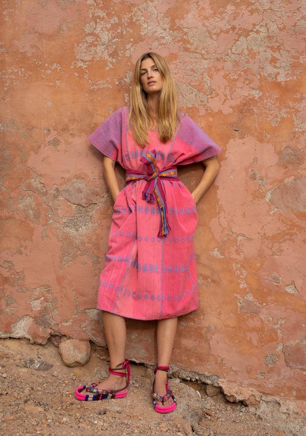 pippa holt Kaftan No.110 Three panel midi kaftan in watermelon pink with blue design