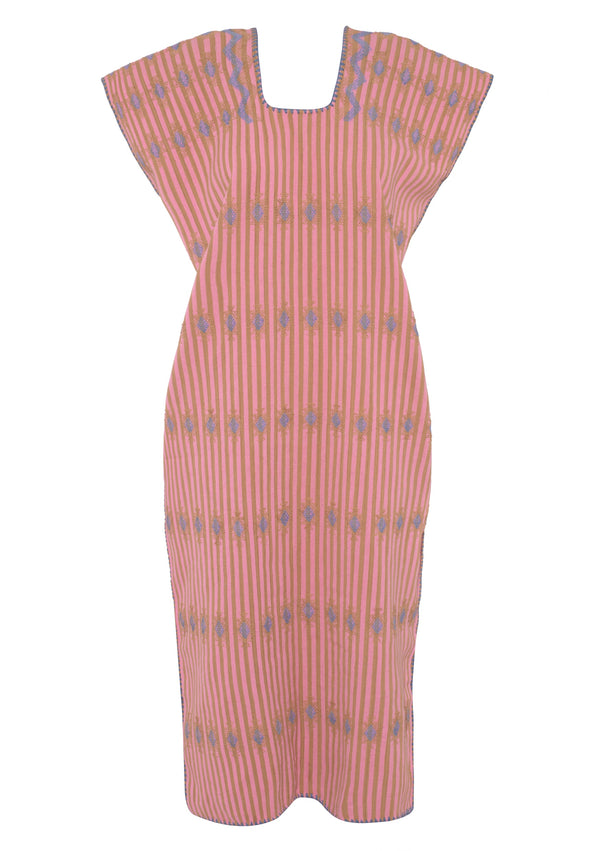 Pippa Holt Kaftan No.112 Single Panel Midi Kaftan In Pale Pink And Brown Stripe With Blue Design
