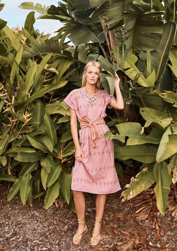 pippa holt Kaftan No.112 Single panel midi kaftan in pale pink and brown stripe with blue design