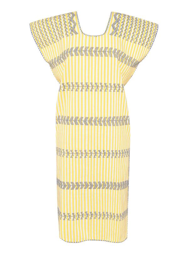 Pippa Holt Kaftan No.114 Single Panel Midi Kaftan In Lemon And White Stripe With Blue Design