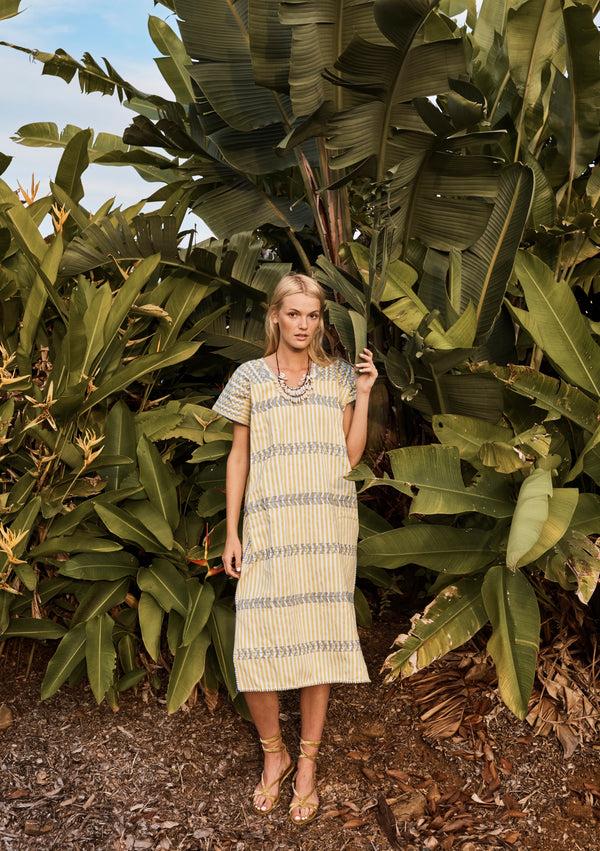 pippa holt Kaftan No.114 Single panel midi kaftan in lemon and white stripe with blue design