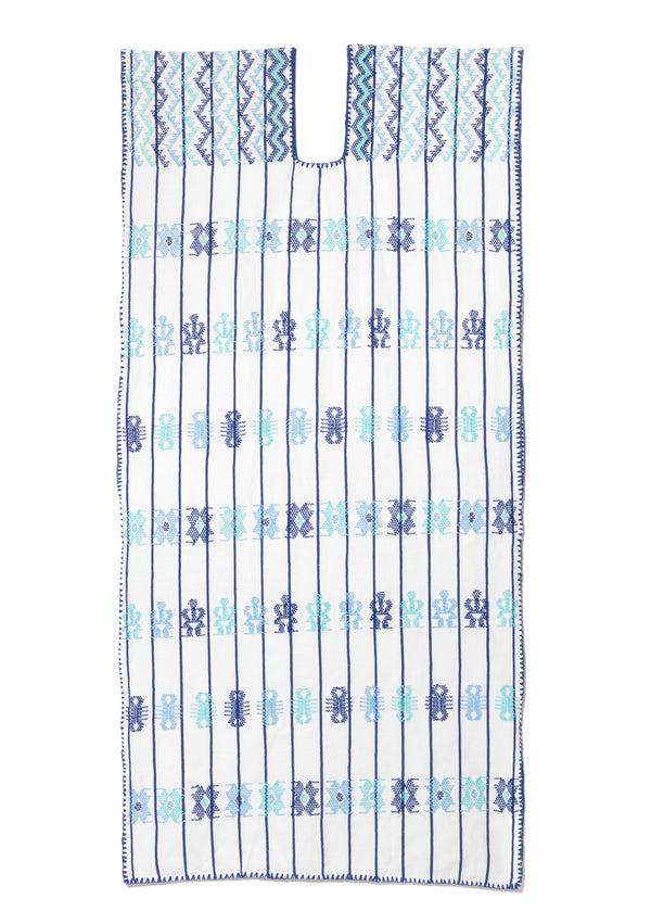 Pippa Holt Kaftan No.115 Single Panel Midi Kaftan In White And Blue Stripe With Blue Design