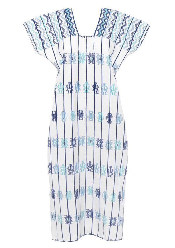 Pippa Holt Kaftan No.115 Single Panel Midi Kaftan In White And Blue Stripe With Blue Design