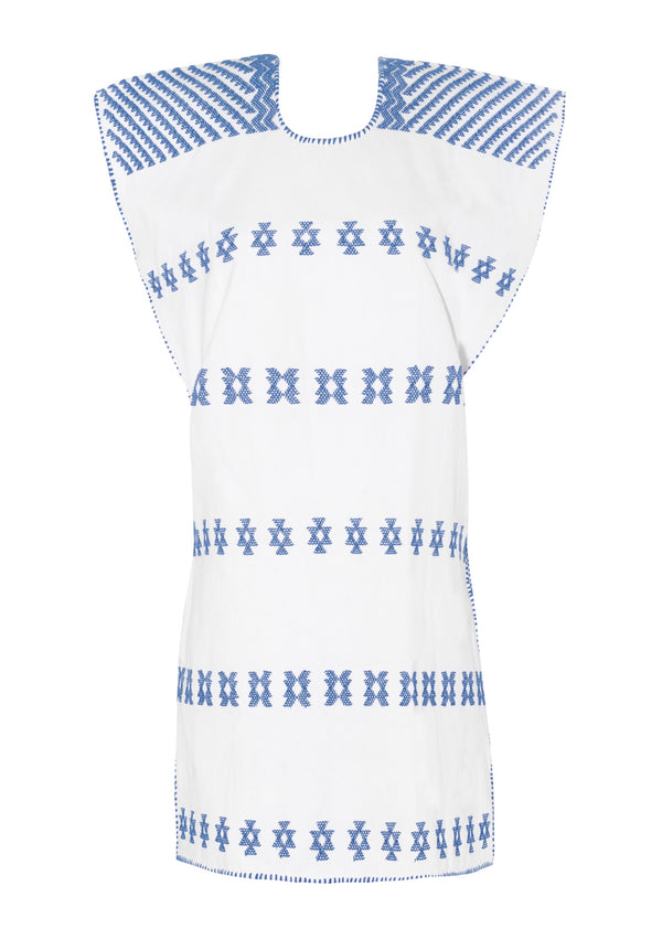 Pippa Holt Kaftan No.116 Single Panel Mini Kaftan In White With Blue Design