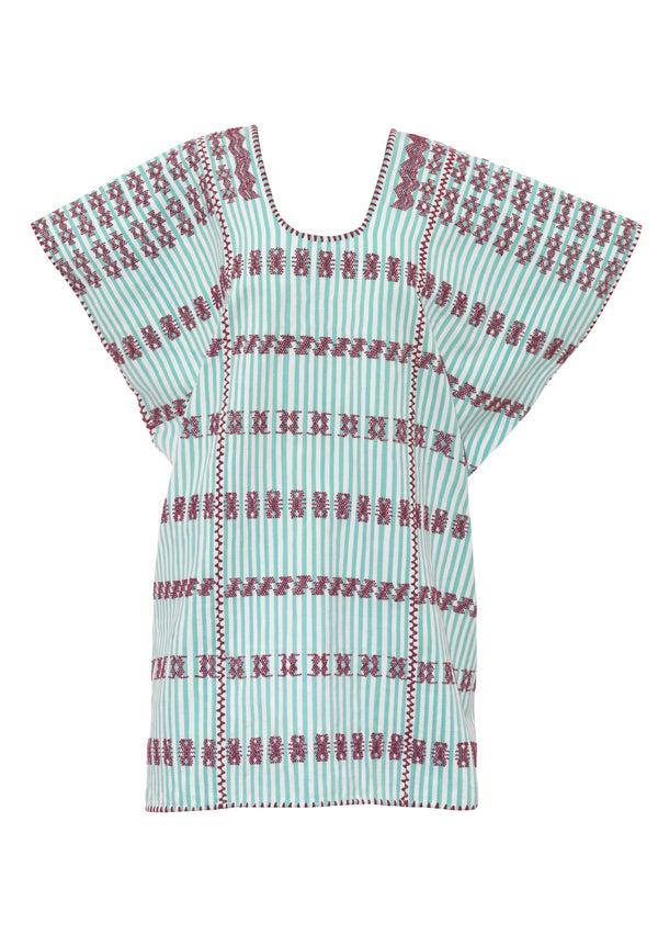Pippa Holt Kaftan No.117 Three Panel ‘supermini’ Kaftan Peppermint And White Stripe With Burgandy Design