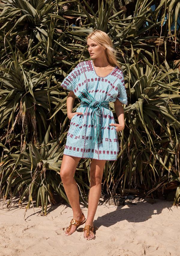 pippa holt Kaftan No.117 Three panel ‘supermini’ kaftan peppermint and white stripe with burgandy design