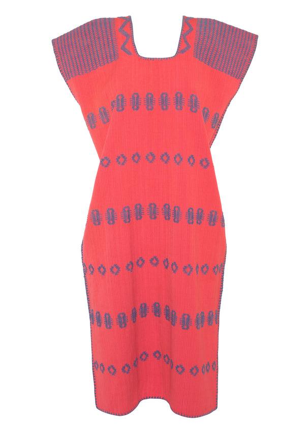 Pippa Holt Kaftan No.119 Single Panel Midi Kaftan In Watermelon Pink Duck Egg Blue Motif