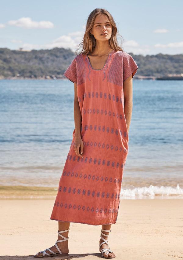 pippa holt Kaftan No.119 Single panel midi kaftan in watermelon pink duck egg blue motif