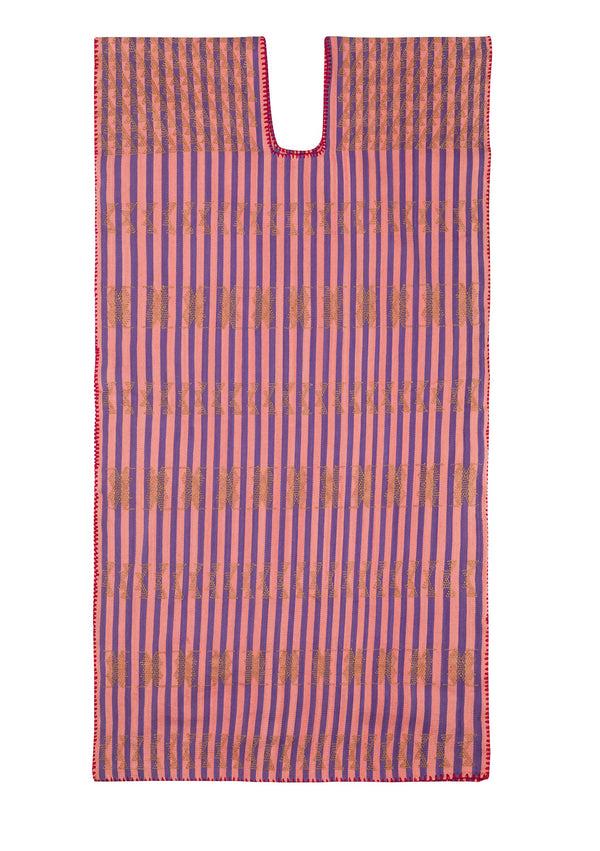 Pippa Holt Kaftan No.12 Single Panel Midi Kaftan In Pink And Ochre Stripe With Ochre Design